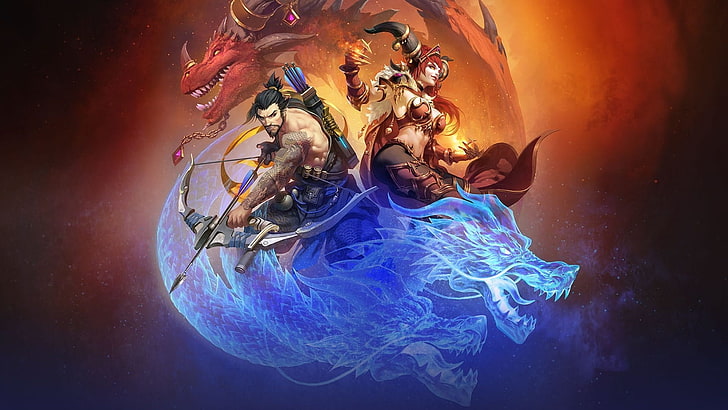 Ilustração de personagens de Overwatch, Alexstrasza, Hanzo, heróis da tempestade, Warcraft, Overwatch, Hanzo (Overwatch), dragão, videogame, barriga, tatuagem, arqueiro, ruiva, HD papel de parede