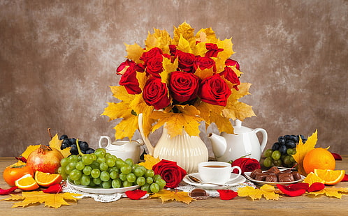 تصوير فوتوغرافي ، صامت ، شوكولاتة ، خريف ، زهرة ، فاكهة ، عنب ، ورق ، إبريق ، زهرة حمراء ، وردة ، مزهرية، خلفية HD HD wallpaper