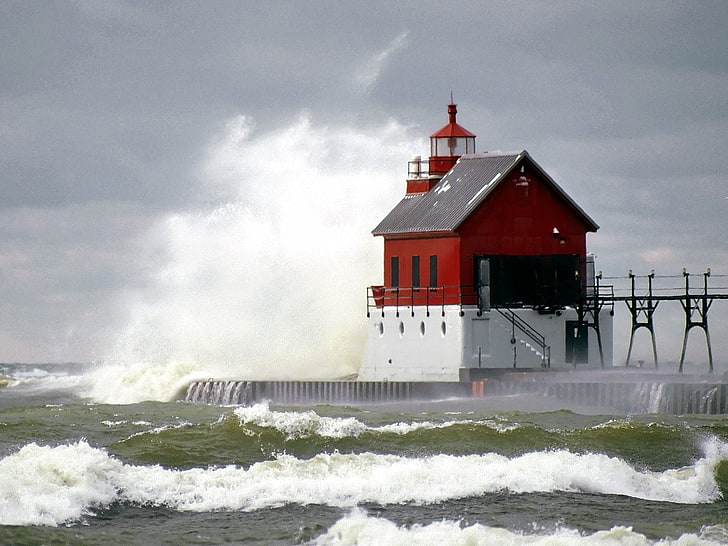 big waves hitting lighthouse, sea, waves, storm, lighthouse, HD wallpaper