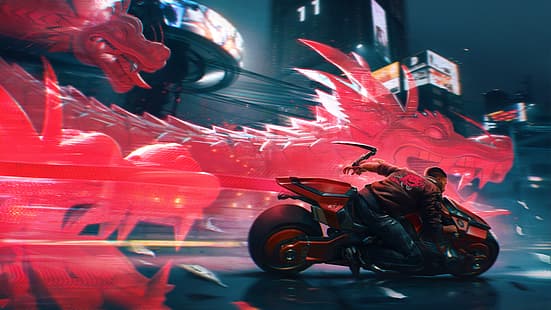 cyber, cyberpunk, cyberpunk 2077, dragão, motocicleta, noite, futurista, armadura futurista, futurismo, cidade futurista, HD papel de parede HD wallpaper