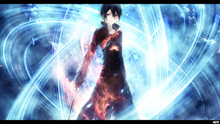 Schwert Art Online Kirito, Anime, Schwert Art Online, dunkles Haar, schwarze Augen, rote Augen, Feuer, HD-Hintergrundbild