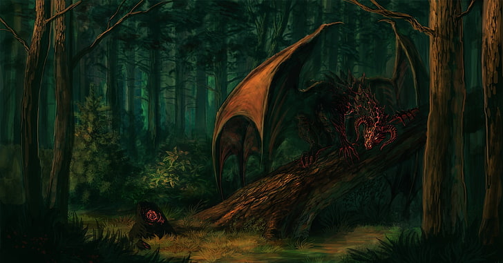 painting of brown dragon, dragon, fantasy art, HD wallpaper