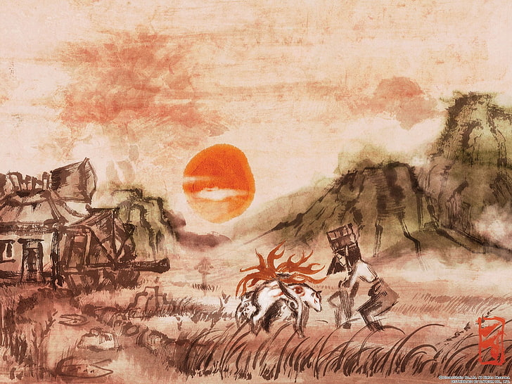 ภาพวาดบ้านสีน้ำตาล Okami ดวงอาทิตย์งานศิลปะวิดีโอเกม, วอลล์เปเปอร์ HD