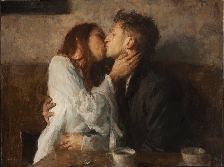 uomo e donna si baciano pittura, pittura, baci, arte classica, coppia, tè, Sfondo HD