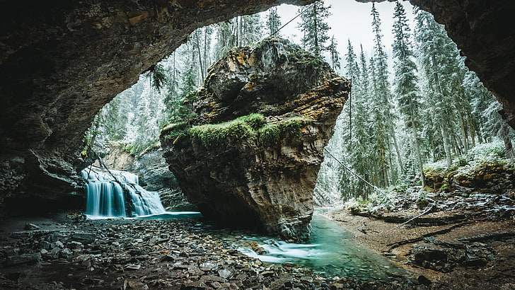 water, nature, body of water, waterfall, johnston creek, johnston canyon, rock, stream, rock formation, canadian rockies, alberta, cave, canada, landscape, banff national park, national park, HD wallpaper