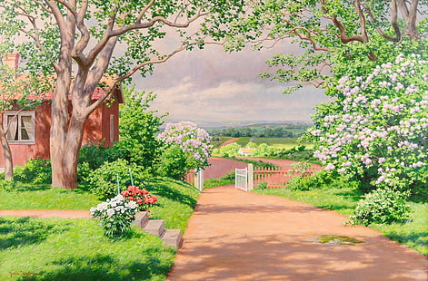 brown house and white flowers painting, greens, summer, trees, landscape, flowers, the fence, field, picture, garden, village, window, track, house, the bushes, wicket, cottage, Johan Krouthen, HD wallpaper HD wallpaper