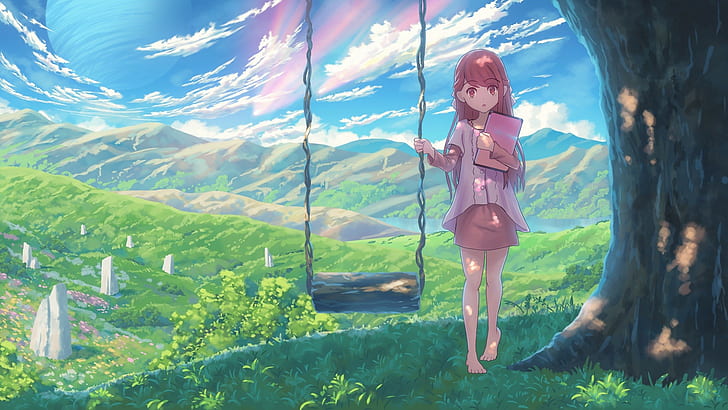 clouds, dress, barefoot, shelter video, redhead, trees, swings, Rin (Shelter), tablet, mountains, HD wallpaper
