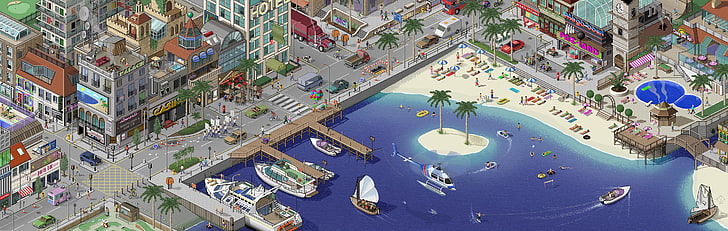白いヨット、海岸とコンクリートの建物にドッキングされている船の図、等尺性、ピクセルアート、ピクセル化、ピクセル、デジタルアート、 HDデスクトップの壁紙