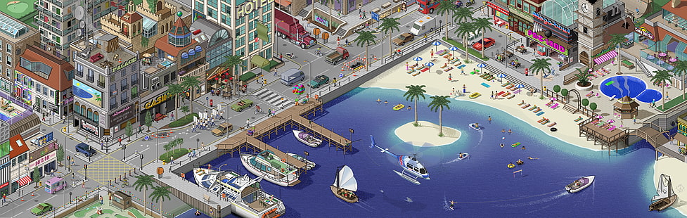 weiße Yacht, Schiffe an der Küste angedockt und konkrete Gebäude Illustration, isometrisch, Pixelkunst, pixelig, Pixel, digitale Kunst, HD-Hintergrundbild HD wallpaper