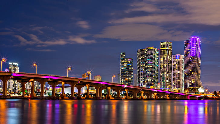 мост, здание, Майами, штат Флорида, залив, ночной город, небоскребы, Флорида, залив Бискейн, HD обои