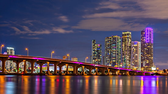 мост, сграда, Маями, Флорида, залив, нощен град, небостъргачи, Флорида, залив Бискайн, HD тапет HD wallpaper