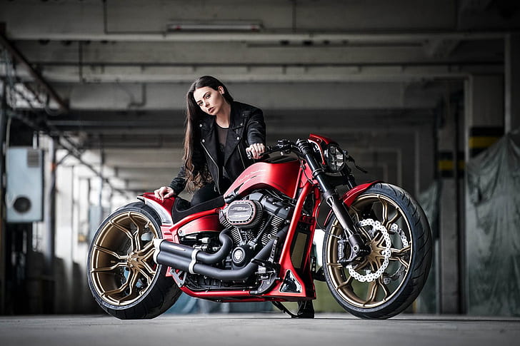 Motocykle, dziewczyny i motocykle, motocyklista, motocykl na zamówienie, Harley-Davidson, Thunderbike Customs, kobieta, Tapety HD