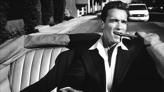 นักแสดง, Arnold Schwarzenegger, Cabrio, รถยนต์, ซิการ์, ขับรถ, ผู้ชาย, ขาวดำ, การถ่ายภาพ, เงา, เสื้อเชิ้ต, สูท, วินเทจ, วอลล์เปเปอร์ HD HD wallpaper