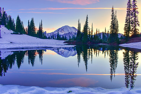 Mt Rainier, Mount Rainier, национален парк Mount Rainier, Вашингтон, щата Вашингтон, сняг, снежни шапки, пейзаж, планини, езеро, залез, дървета, природа, HD тапет HD wallpaper