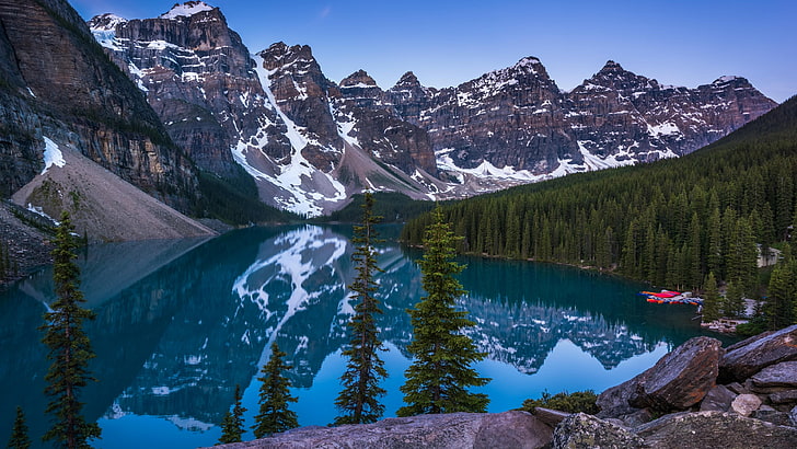 ледниково езеро, Северна Америка, Канада, Алберта, национален парк Банф, дърво, национален парк, небе, планинска верига, природа, вода, планински пейзаж, моренен езеро, планински форми на релефа, езеро, отражение, планина, пустиня, HD тапет
