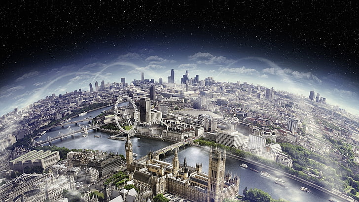 високи сгради, Лондон, река Темза, Лондонско око, градски пейзаж, Уестминстър, панорами, облаци, мост, дигитално изкуство, река, HD тапет
