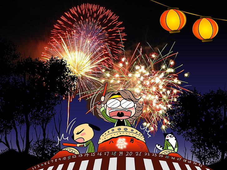 Fondo de pantalla del calendario Hanabi Festival-agosto de 2013, ilustración de fuegos artificiales rojos y amarillos, Fondo de pantalla HD