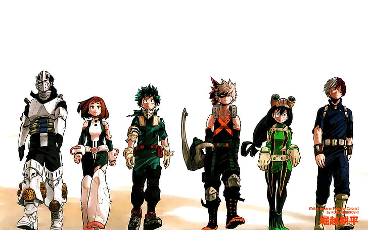 six anime characters digital wallpaper, Boku no Hero Academia, Midoriya Izuku, Bakugō Katsuki, Uraraka Ochako, Todoroki Shōto, Iida Ten'ya, Tsuyu Asui, HD wallpaper