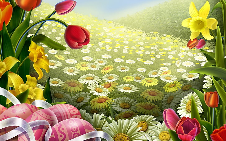 sortierte-Farbe-und-Art Blumen digitale Tapete, Feld, Blumen, Tulpe, Gänseblümchen, Kunst, Ostern, Band, HD-Hintergrundbild