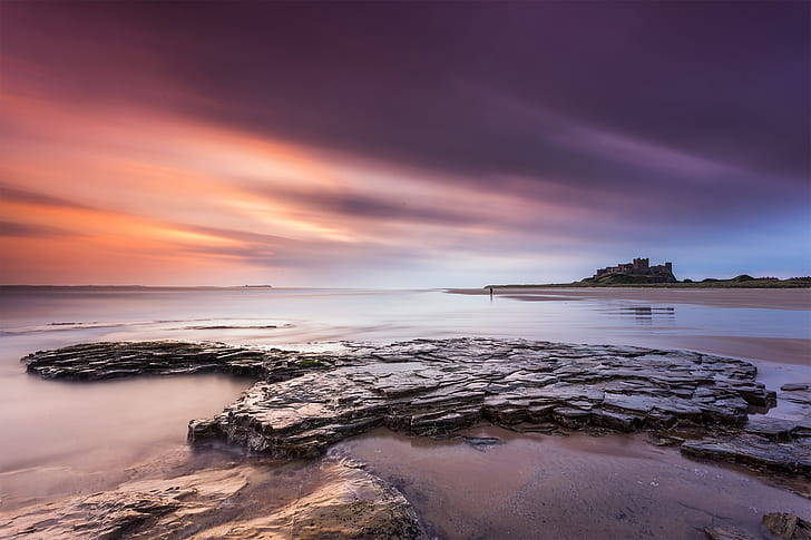 sea, beach, stones, England, morning, Northumberland, Bamburgh castle, HD wallpaper