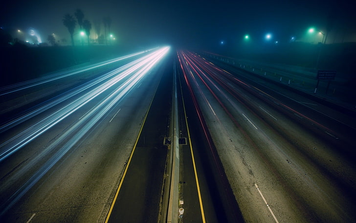 carretera de asfalto, noche, larga exposición, luces, carretera, tráfico, Fondo de pantalla HD