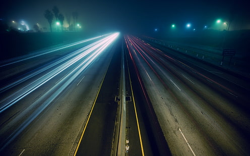 carretera de asfalto, noche, larga exposición, luces, carretera, tráfico, Fondo de pantalla HD HD wallpaper