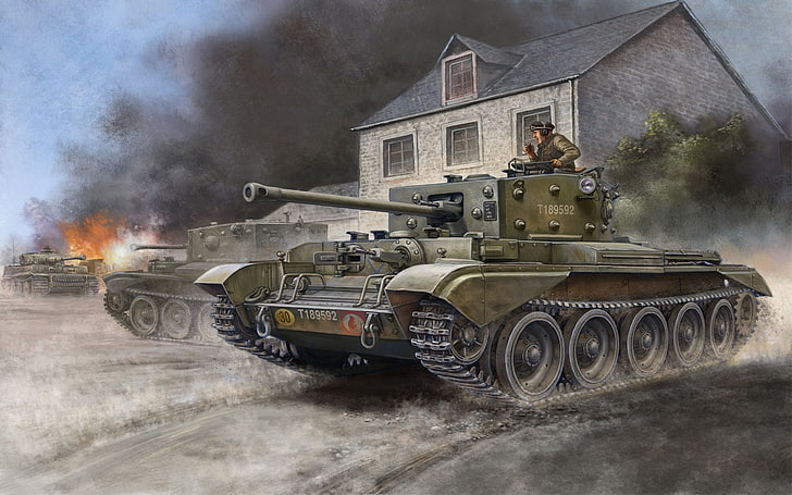 green battle tank illustration, gun, art, tank, game, the, British, mark, average, caliber, Cruiser, Flames of War, cruising, WW2., world war II, miniatures, Cromwell, 75 mm, HD wallpaper