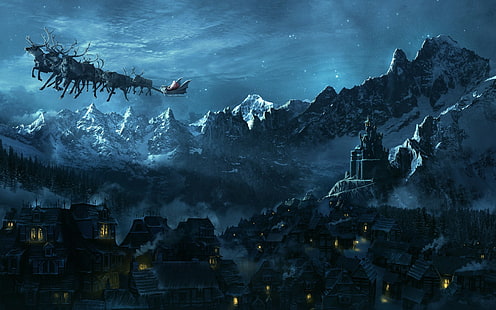 Navidad, paisaje, pueblo, Santa Claus, castillo, arte de fantasía, Fondo de pantalla HD HD wallpaper