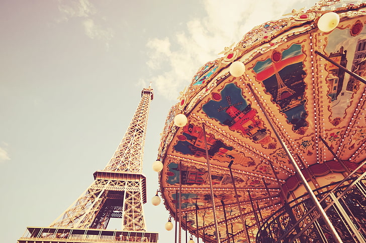 yellow and red carousel, clouds, France, Paris, Eiffel tower, carousel, HD wallpaper