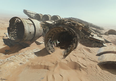 avión gris, Star Wars, Star Wars: The Force Awakens, Star Destroyer, desierto, accidente, Fondo de pantalla HD HD wallpaper