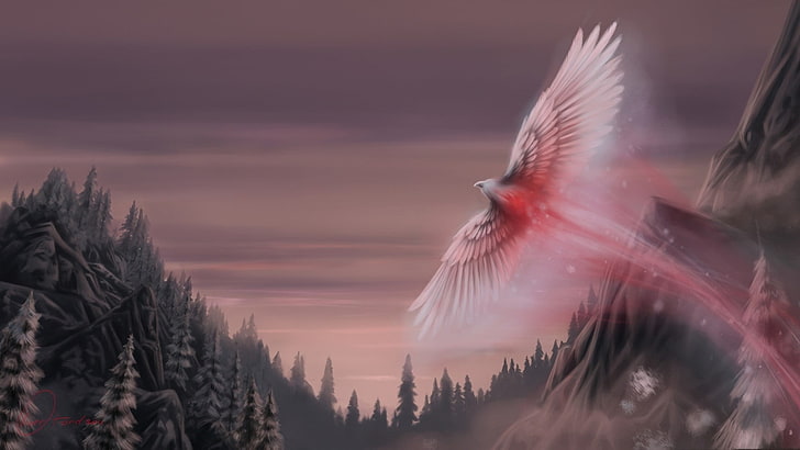 рисуване на червена и бяла птица, летяща над дървета, фентъзи изкуство, птици, HD тапет