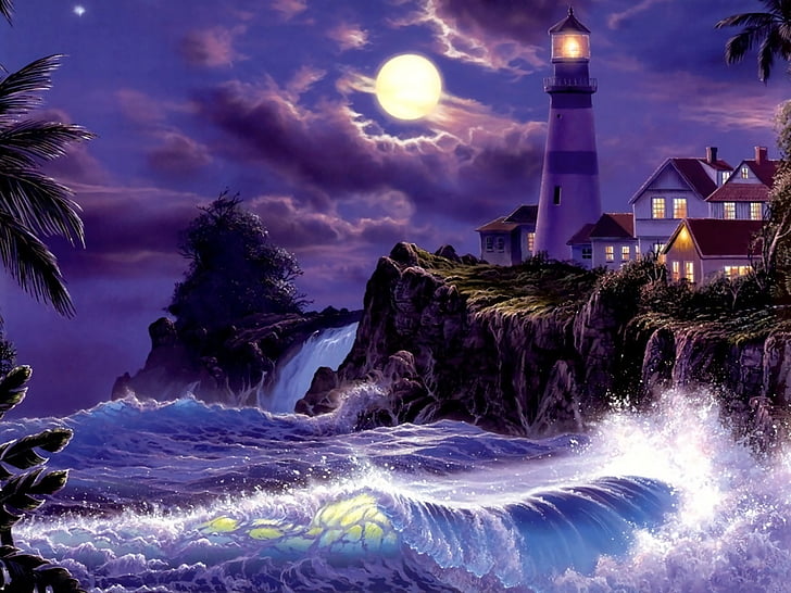 芸術、絵画、灯台、月、夜、海、海、嵐、波、 HDデスクトップの壁紙