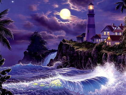 Artystyczne, malarstwo, latarnia morska, księżyc, noc, ocean, morze, burza, fala, Tapety HD HD wallpaper