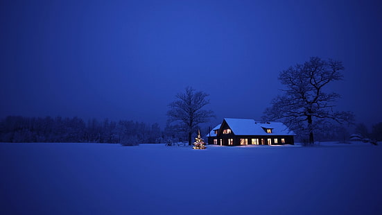 gray house, photo of cabin in the middle of snow covered field during nighttime, snow, house, trees, night, landscape, lights, winter, Christmas, HD wallpaper HD wallpaper