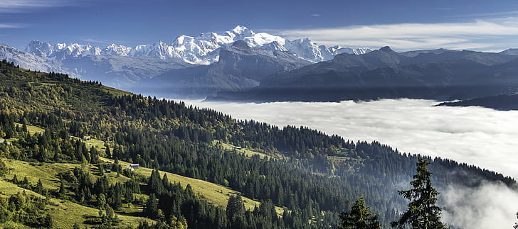 çam ağaçları gündüz kar dağlarıyla bir nehrin yanında, mont blanc, mont blanc, Mont Blanc, çam ağaçları, nehir, kar dağlar, gündüz, Montagne, Mont-Blanc, mer, de, nuage, bulutlar, Alpler, peyzaj, Rhone-Alpler, Haute-Savoie, dağ, doğa, avrupa Alpleri, dağ Tepe, açık havada, orman, manzaralar, dağ, HD masaüstü duvar kağıdı