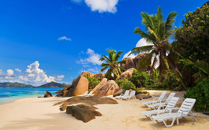 плаж, камъни, тропици, почивка, курорт, столове, пясък, спокойствие, HD тапет
