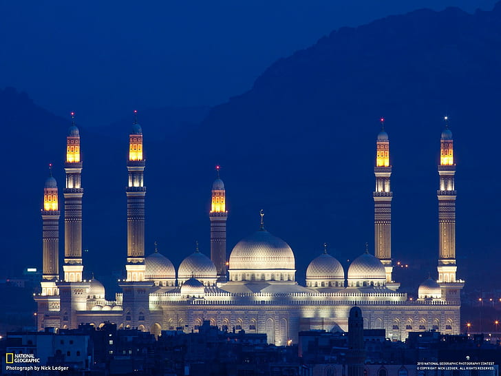 мечеть, National Geographic, светящийся, здание, Йемен, ислам, городской пейзаж, сумерки, HD обои