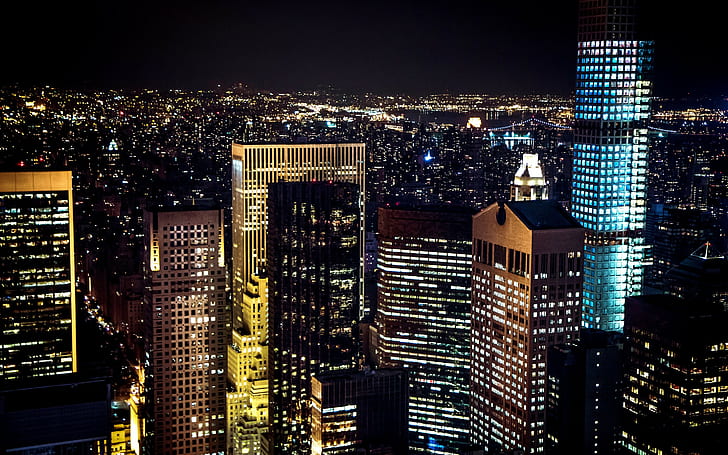 Manhattan, NYC, EUA, edifícios altos durante a noite, Cidade de Nova York, Manhattan, NYC, EUA, cidade, Noite, luzes, Arranha-céus, Edifícios, janelas, panorama, HD papel de parede