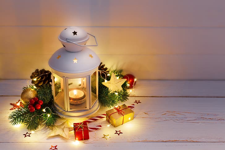 decoration, balls, New Year, Christmas, lantern, gifts, wood, gift, xmas, Merry, fir tree, fir-tree branches, HD wallpaper