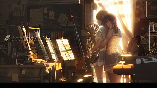Hibike!Euphonium, Oumae Kumiko, Kousaka Reina, instrumento musical, anime, anime girls, abraçando, yuri, HD papel de parede HD wallpaper