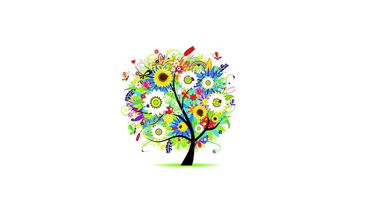 pohon dengan clip art bunga, pohon, bunga, berwarna-warni, menggambar, Wallpaper HD