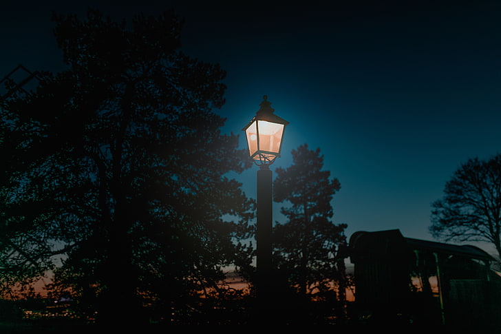black outdoor post, lantern, night, pillar, light, HD wallpaper