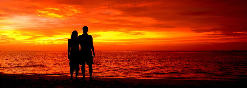 vattendrag, kärlek, landskap, natur, Maldiverna, Maldiverna, Indiska oceanen, ett par i kärlek, Indiska oceanen, älskande par, vacker röd solnedgångshimmel, En romantisk siluett, vacker röd himmel solnedgång, Romantisk siluett, HD tapet HD wallpaper
