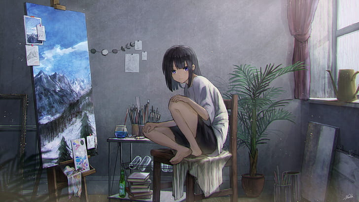 Anime, Orijinal, Siyah Saç, Çizim, Kız, Oda, HD masaüstü duvar kağıdı