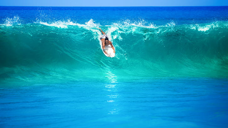 фотография на човек, сърфиращ върху воден басейн през деня, сърф, фотография, човек, сърфиране, водно тяло, ден, час, океанска вълна, сини Хаваи, море, спорт, лято, ваканции, син, плуване, вода, действие забавно, HD тапет