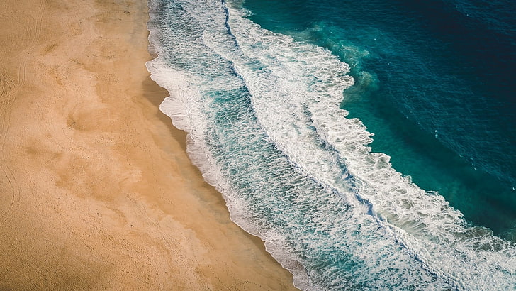 ocean waves, landscape, nature, beach, sea, waves, sand, aerial view, coast, Portugal, HD wallpaper
