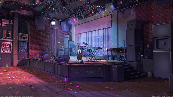 anime stage, instruments, guitar, stairs, artwork, spotlights, Anime, HD wallpaper