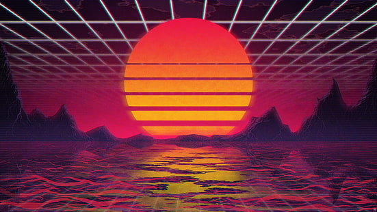 Retrowave, Retrowave, Polygonkunst, Sonnenuntergang, Hügel, Scanlines, HD-Hintergrundbild HD wallpaper