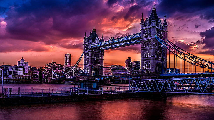 Лондон, Великобритания, река, мост, Великобритания, облаци, HD тапет