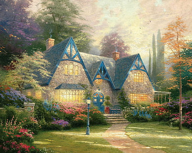 casa di mattoni marrone e blu dipinto, fiori, casa, giardino, lanterna, pittura, cottage, tenuta, Thomas Kinkade, Winsor Manor, Sfondo HD HD wallpaper